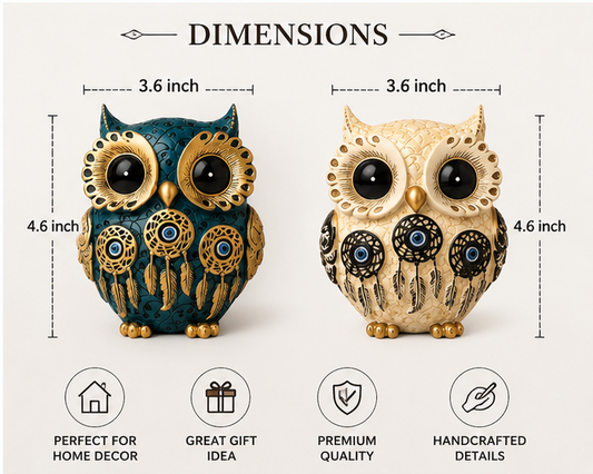 Set of 2 Owl Showpieces with Evil Eye Charm | Blue & Cream Ceramic Owl Figurines | Lucky Home & Office Décor Gift