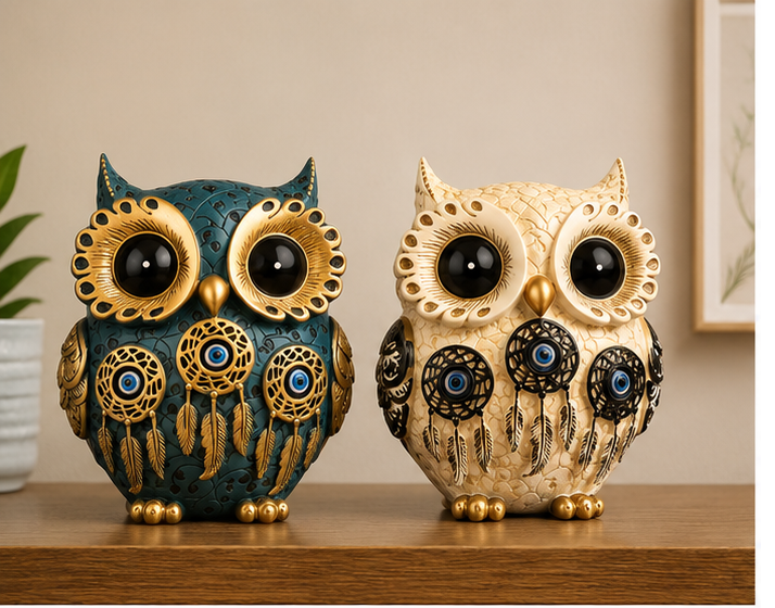 Set of 2 Owl Showpieces with Evil Eye Charm | Blue & Cream Ceramic Owl Figurines | Lucky Home & Office Décor Gift