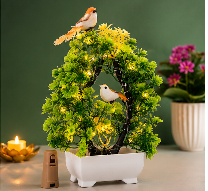 Artificial Bonsai Tree with LED Lights & Sparrow | Premium Tabletop Home Décor | Living Room, Office & Diwali Gift