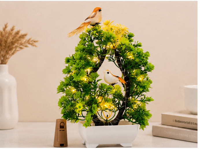 Artificial Bonsai Tree with LED Lights & Sparrow | Premium Tabletop Home Décor | Living Room, Office & Diwali Gift