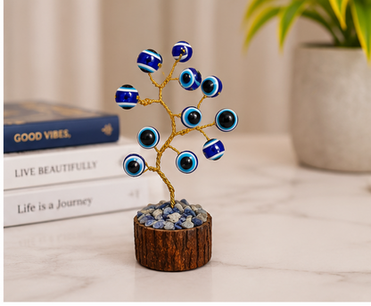 Handcrafted Evil Eye Tree with 12 Blue Beads | Lucky Feng Shui Desk Décor | Protection, Prosperity & Positive Energy Showpiece