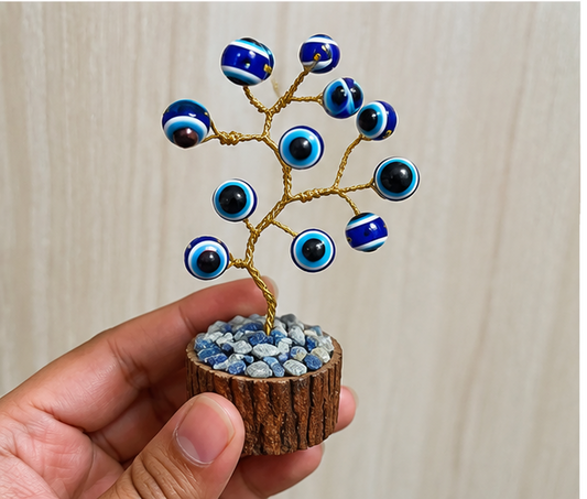 Handcrafted Evil Eye Tree with 12 Blue Beads | Lucky Feng Shui Desk Décor | Protection, Prosperity & Positive Energy Showpiece
