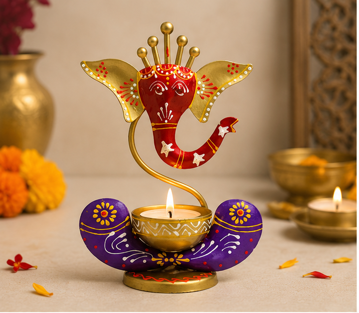 Handcrafted Metal Ganesha Tea Light Holder | Decorative Iron Diya Stand | Spiritual Home Décor & Festive Gift