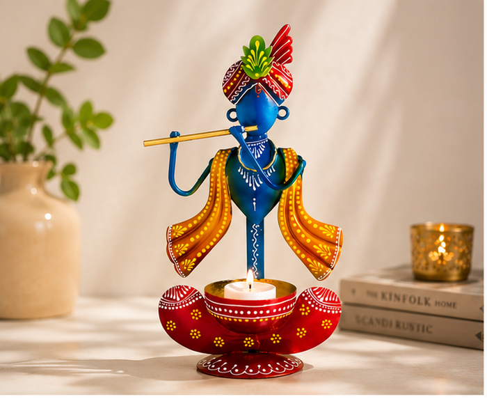 Divine Metal Krishna Tea Light Candle Holder | Elegant Home Décor Showpiece