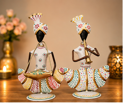 Handcrafted White Iron Musician Couple Showpiece | Elegant Home Décor | Vastu & Housewarming Gift