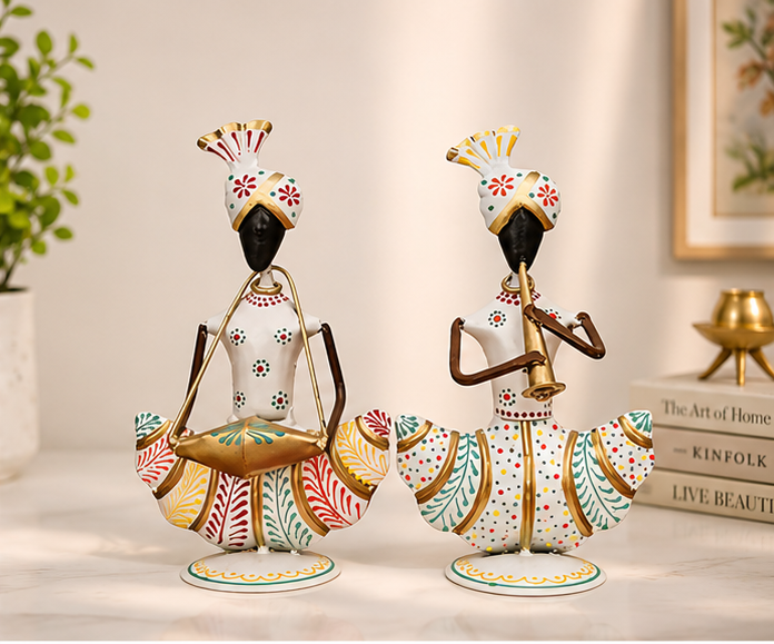 Handcrafted White Iron Musician Couple Showpiece | Elegant Home Décor | Vastu & Housewarming Gift