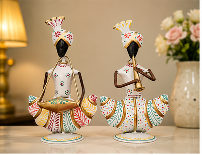 Handcrafted White Iron Musician Couple Showpiece | Elegant Home Décor | Vastu & Housewarming Gift