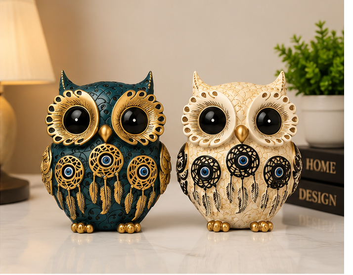 Set of 2 Owl Showpieces with Evil Eye Charm | Blue & Cream Ceramic Owl Figurines | Lucky Home & Office Décor Gift