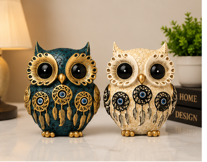 Set of 2 Owl Showpieces with Evil Eye Charm | Blue & Cream Ceramic Owl Figurines | Lucky Home & Office Décor Gift