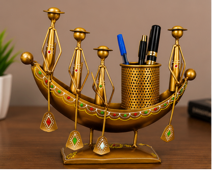 Handcrafted Golden Boat Shape Metal Pen & Pencil Holder | Decorative Desk Organizer | Antique Tabletop Showpiece & Flower Pot