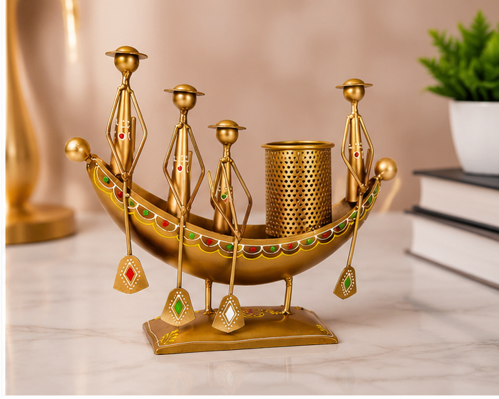 Handcrafted Golden Boat Shape Metal Pen & Pencil Holder | Decorative Desk Organizer | Antique Tabletop Showpiece & Flower Pot