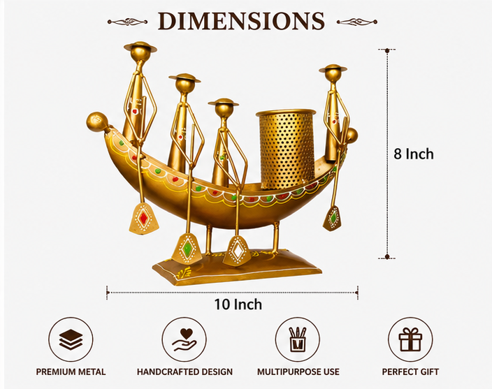 Handcrafted Golden Boat Shape Metal Pen & Pencil Holder | Decorative Desk Organizer | Antique Tabletop Showpiece & Flower Pot